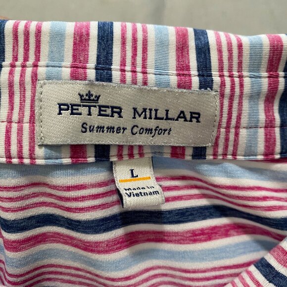 Peter Millar Summer Comfort Polo Shirt Large Pink Blue Stripe Wristling Straits - Picture 7 of 15